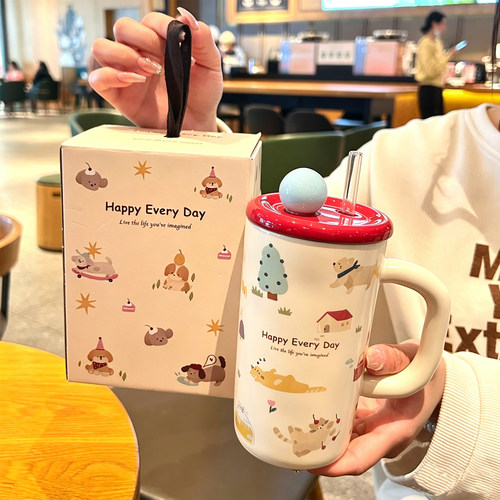 陶瓷马克杯带盖家用喝水杯办公室吸管杯子女高颜值送闺蜜生日礼物