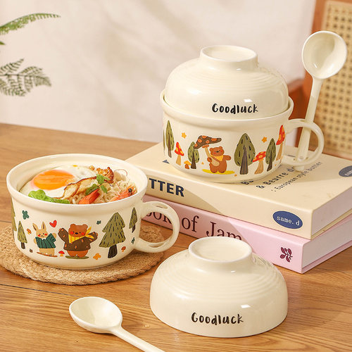 陶瓷泡面碗带盖宿舍用学生专用碗可微波炉面碗食堂个人专用打饭碗