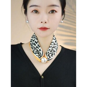 2026夏季新款珍珠磁扣丝巾女百搭气质护颈遮颈纹围巾薄款防晒围脖