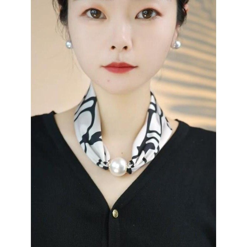 磁扣珍珠小丝巾女夏季懒人护颈图片