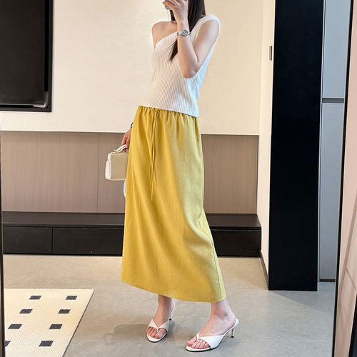 天丝亚麻半身裙女透气夏季小个子松紧腰垂感直筒裙显瘦印花百搭