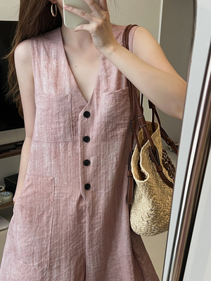 法式简约宽松无袖v领连衣短裤