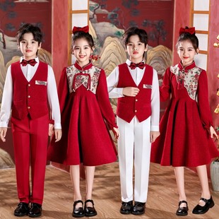 元旦儿童合唱演出服装国风小学生男女童新款红色爱国朗诵演讲团体