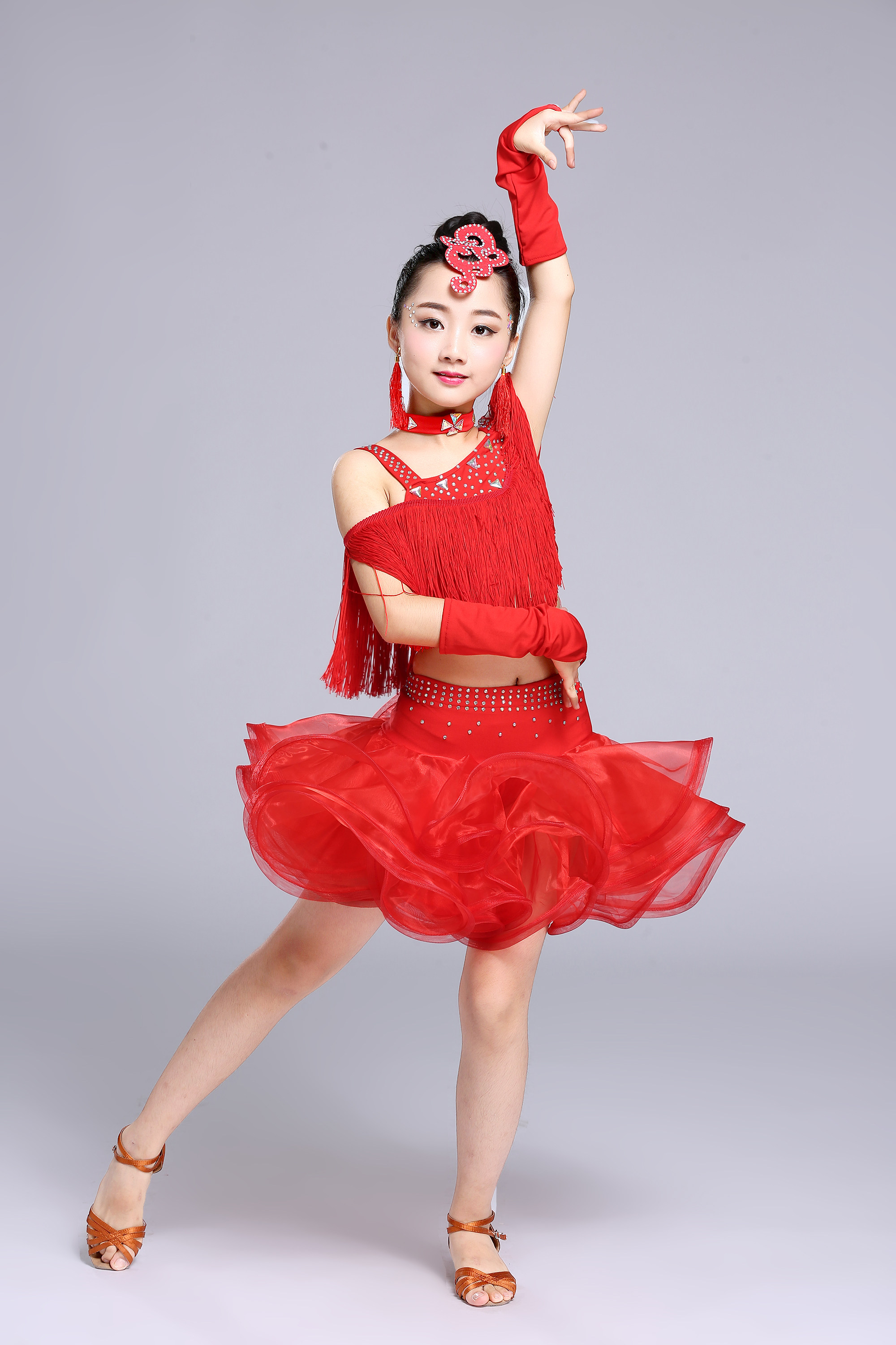 儿童拉丁舞裙女童流苏亮钻夏季舞服专业少儿拉丁比赛舞蹈演出服装