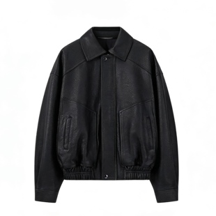 进口羊泡皮机车夹克宽松真皮皮衣2025新款 廓形奢牌同源真皮外套女