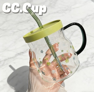 高颜值玻璃杯600ml印花带刻度家用喝水杯吸管杯带盖带把手牛奶杯