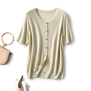 真丝短袖上衣女春夏季桑蚕丝薄款针织开衫法式高级感圆领小外套