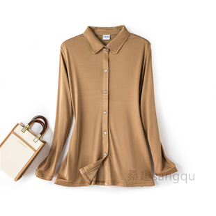 双面针织真丝衬衫女士春夏桑蚕丝纯色Polo领衬衣薄款宽松翻领上衣