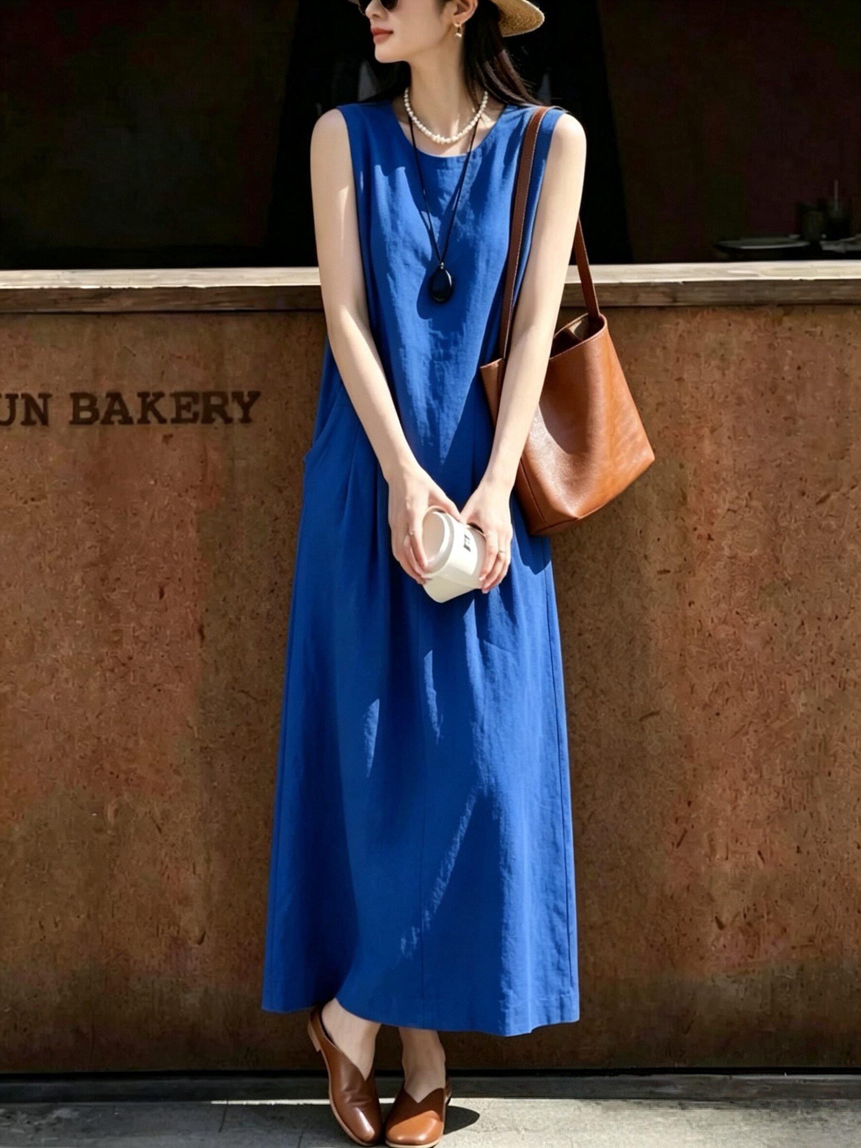 夏季新款轻奢显白蓝色亚麻无袖连衣裙气质小众独特别致女装送腰带