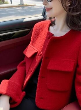 小香风2026新款韩版时尚气质百搭显瘦加棉女秋冬款红色羊毛呢外套