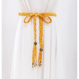 帆布编织腰带流苏细皮带蝴蝶结小绳子裙子打结挂坠装饰编制女士宽