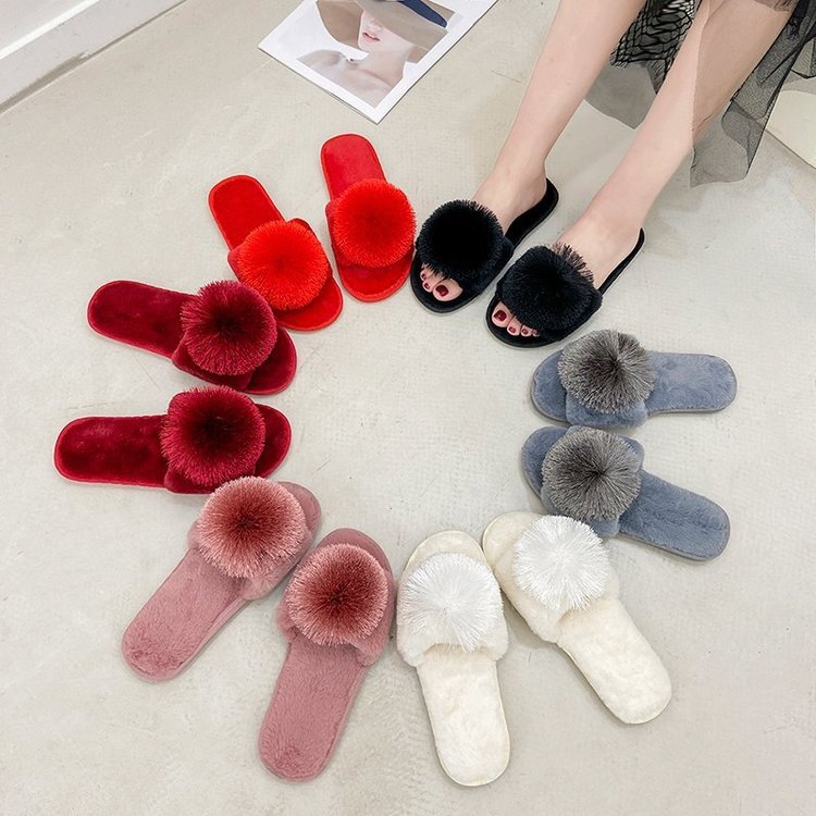 平底毛毛拖鞋女外穿年秋冬季毛球