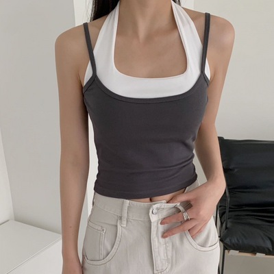 新款自带胸垫假两件背心吊带女辣妹性感气质修身显瘦上衣外穿打底