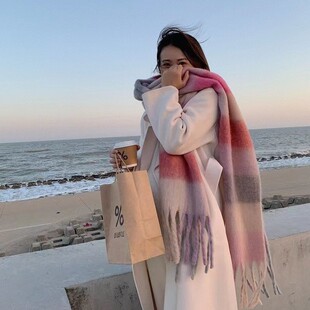 围巾新款ac保暖彩虹格子流苏欧美秋冬保暖软糯围脖披肩