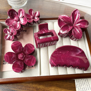 女士塑料大理纹渲染鸡蛋花抓夹花朵甜美高级感后脑勺盘发大号鲨鱼