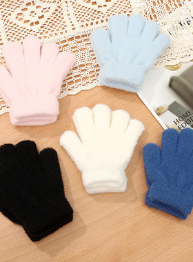 简约保暖白色手套秋冬季儿童女童毛毛绒黑色防寒分指全指手套男孩