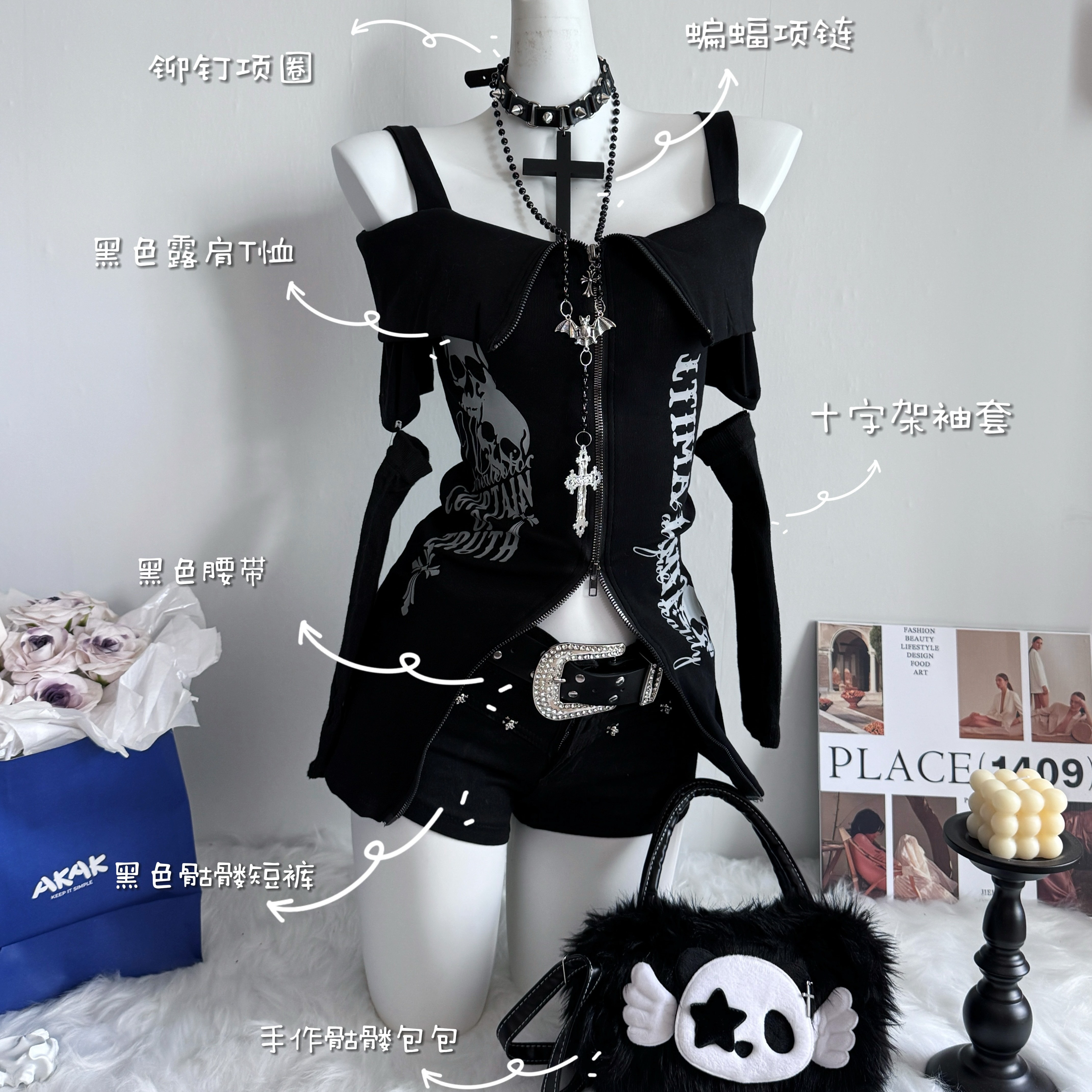 （彦祖家）057-夏季2025新款黑色亚比女生朋克风小个子短袖套装