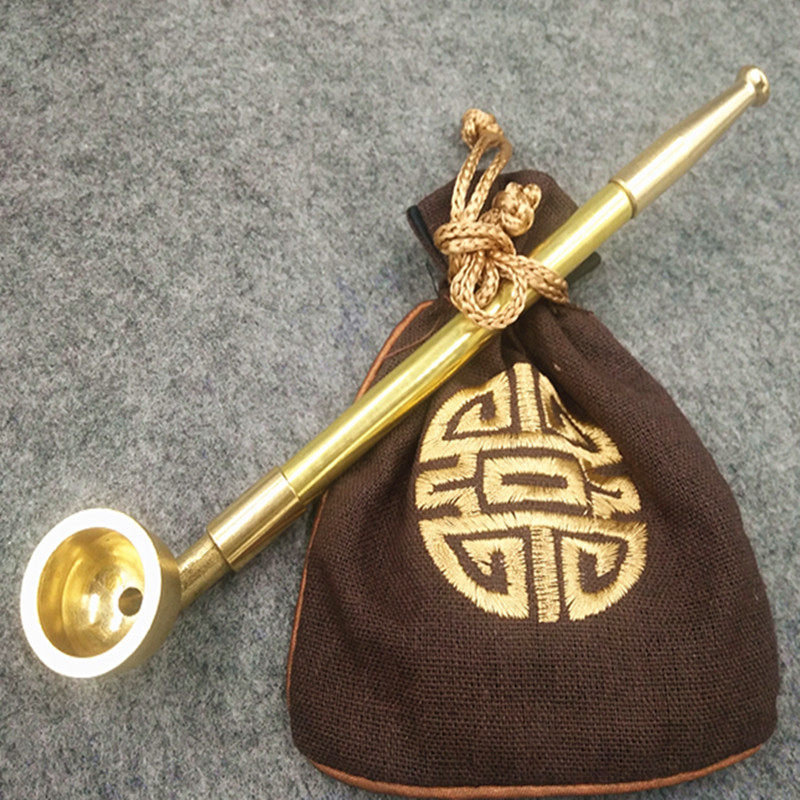 纪晓岚纯铜加厚烟斗黄铜老式旱烟袋烟具烟枪铜拉杆烟斗便携可拆卸