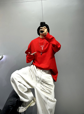 红色oversize廓形落肩长袖t恤男350g纯棉宽松阔版T潮牌休闲体恤衫