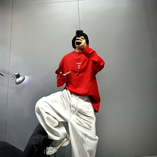 红色oversize廓形落肩长袖t恤男350g纯棉宽松阔版T潮牌休闲体恤衫