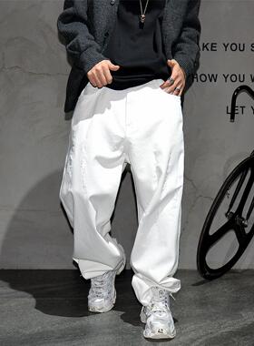 美式休闲痞帅宽松阔腿白色牛仔裤男2025潮牌刮烂破洞廓形直筒长裤