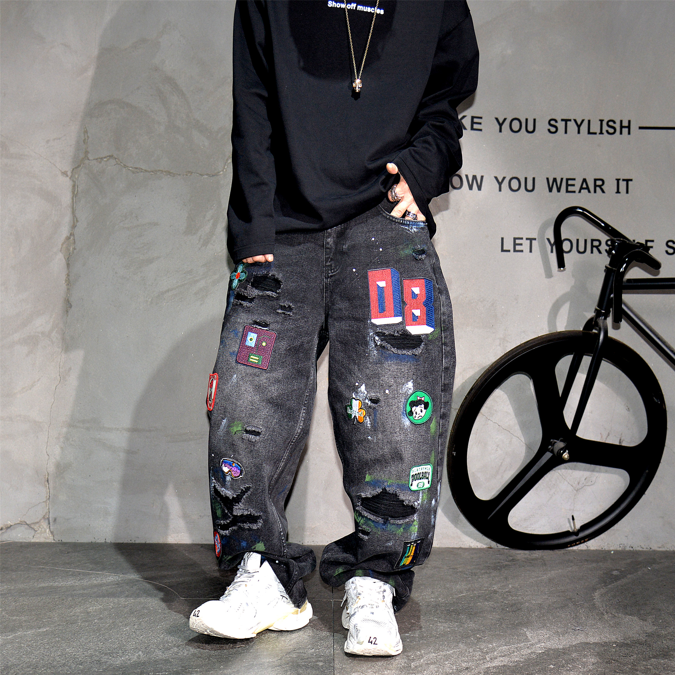 cityboy高街痞帅破洞牛仔裤男潮牌贴标刺绣宽松直筒裤 设计感长裤,男装,牛仔裤,淘宝优惠券,粉丝福利购,淘宝优惠卷
