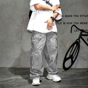 潮牌小众巴家多口袋宽松直筒脏脏休闲裤 男痞帅嘻哈阔腿堆叠感长裤
