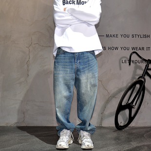 长裤 简约百搭大码 子 男潮牌休闲老爹裤 蓝色复古做旧宽松直筒牛仔裤