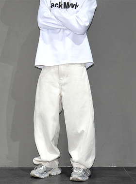 白色阔腿弯刀牛仔裤男潮牌宽松百搭长裤子vibe美式高街痞帅香蕉裤