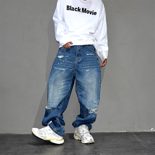 美式高街蓝色破洞乞丐牛仔裤男潮牌痞帅宽松直筒裤炸街休闲长裤子