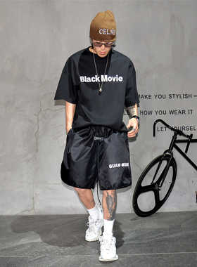 重磅厚板字母印花短袖t恤男潮牌oversize阔版半袖体恤高克重纯色T