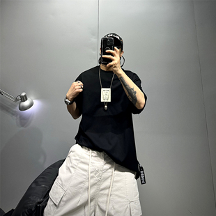 黑色纯棉字母印花短袖T恤男宽松oversize廓形潮牌t简约薄款体恤衫