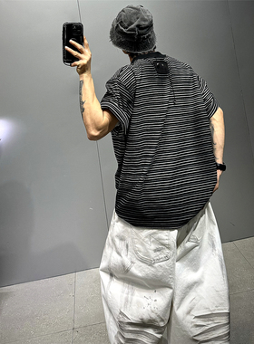 vibe擦脏做旧黑白条纹短袖T恤男潮牌宽松休闲上衣日系简约百搭t恤