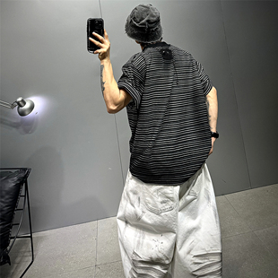 vibe擦脏做旧黑白条纹短袖T恤男潮牌宽松休闲上衣日系简约百搭t恤