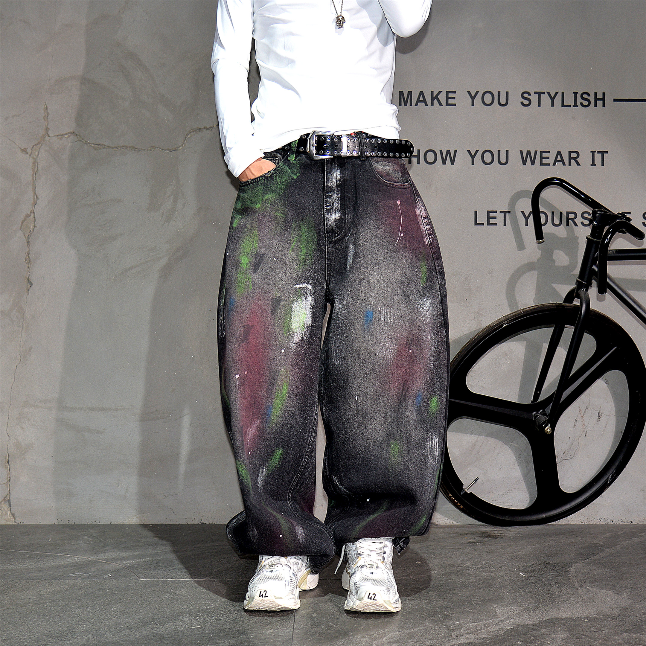 vibe小众涂鸦彩绘阔腿弯刀牛仔裤男潮牌街头痞帅拖地裤休闲长裤子,男装,牛仔裤,淘宝优惠券,粉丝福利购,淘宝优惠卷