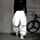 拖地裤 宽松大码 男重磅纯棉破洞牛仔裤 原创vibe潮牌白色阔腿弯刀裤