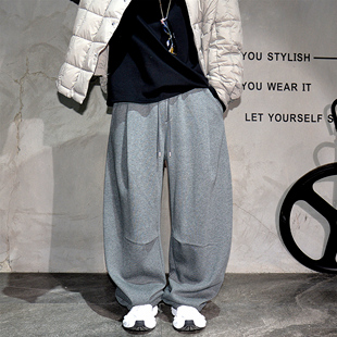 子 百搭长裤 韩系慵懒风宽松阔腿弯刀卫裤 男灰色加绒加厚垂感休闲裤