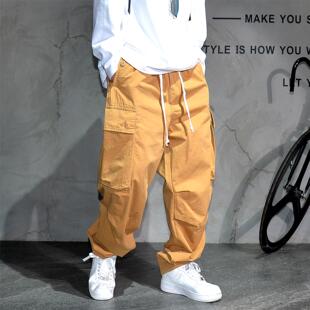 子 男潮牌痞帅抽绳卡其色宽松锥形老爹裤 日系复古大口袋工装 休闲裤