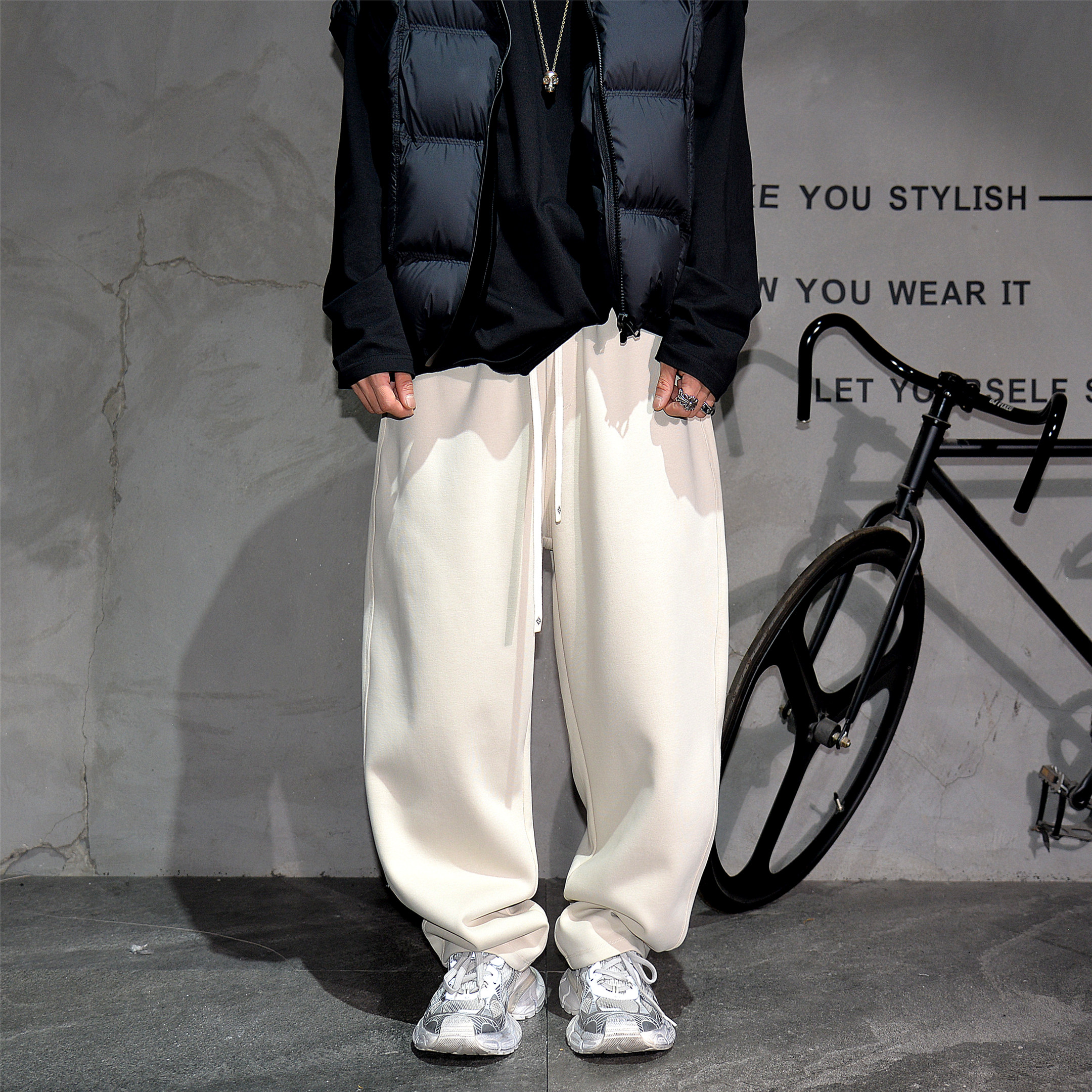 纯色阔腿弯刀针织休闲裤男重磅宽松直筒运动卫裤冬季加绒加厚长裤,男装,休闲裤,淘宝优惠券,粉丝福利购,淘宝优惠卷