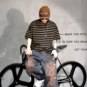 T恤衫 360g重磅纯棉撞色条纹短袖 t恤男潮牌oversize宽松廓形半袖 夏