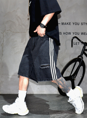 黑色水洗破洞三条杠直筒牛仔短裤男潮牌vibe宽松休闲五分马裤中裤