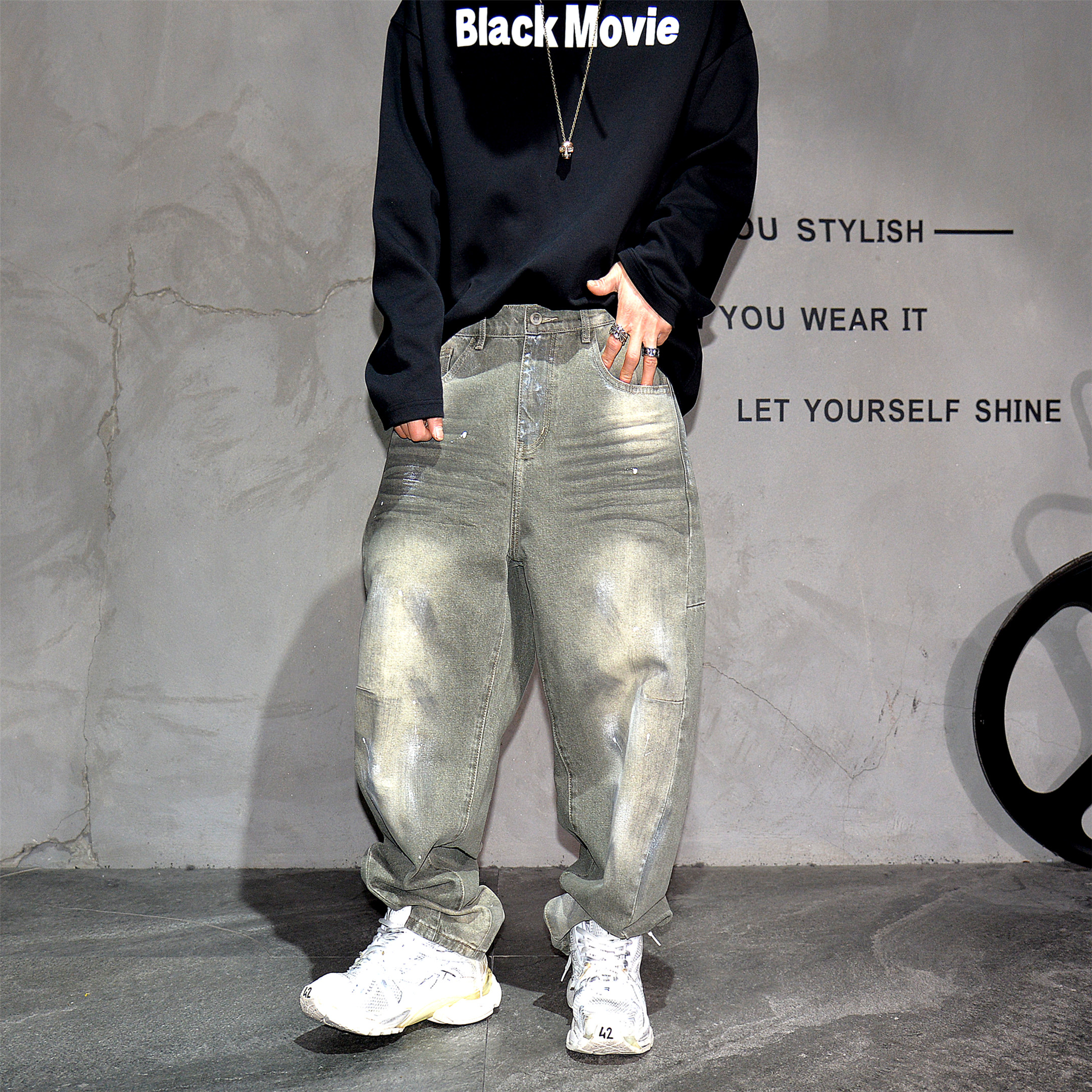 废土风做旧绿色哈伦小直筒牛仔裤男潮牌痞帅小弯刀长裤日系老爹裤,男装,牛仔裤,淘宝优惠券,粉丝福利购,淘宝优惠卷