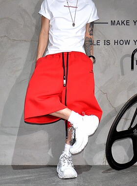 vibe重磅红色阔腿健身运动短裤男潮牌宽松抽绳六分卫裤大码五分裤