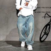 裤 老爹裤 男潮牌痞帅阔腿哈伦大码 日系复古做旧蓝色宽松直筒牛仔裤