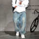 裤 老爹裤 男潮牌痞帅阔腿哈伦大码 日系复古做旧蓝色宽松直筒牛仔裤