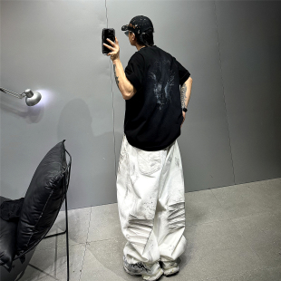 黑色废土风宽松阔型短袖t恤男潮牌痞帅oversize落肩抽象印花T恤衫