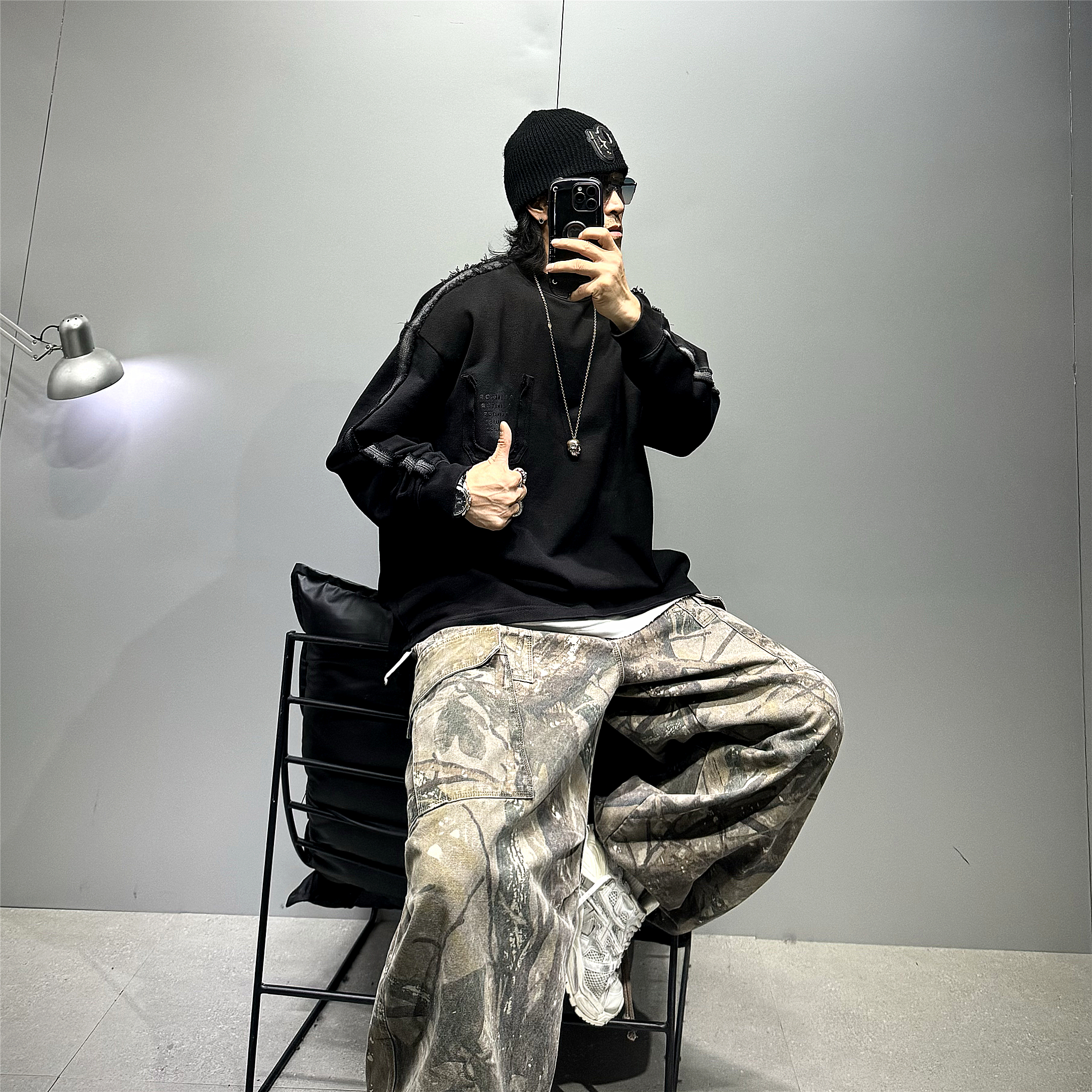 黑色重磅480g纯棉阔版潮牌卫衣男