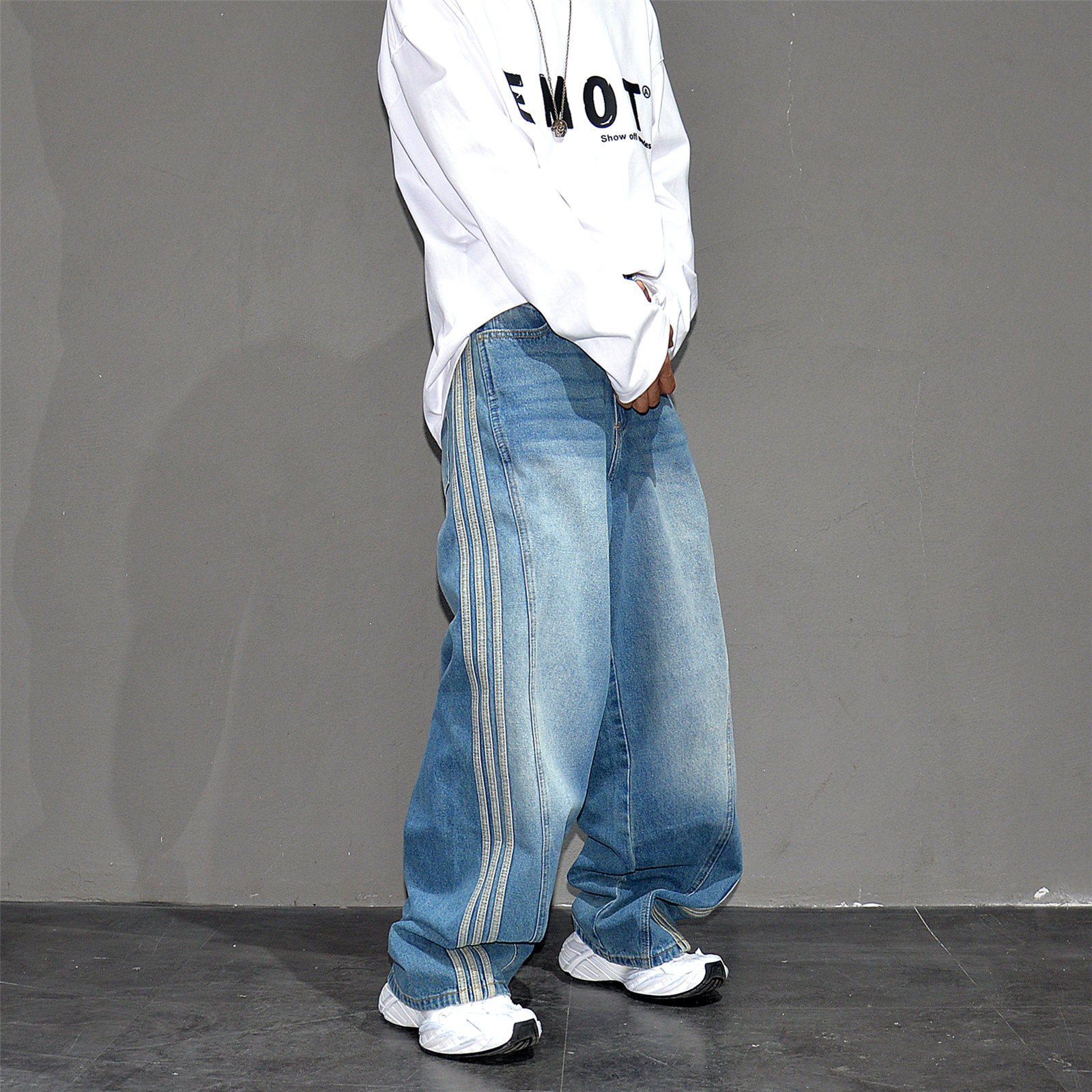 vibe美式高街复古三道杠阔腿大直筒牛仔裤男潮牌宽松痞帅拖地长裤,男装,牛仔裤,淘宝优惠券,粉丝福利购,淘宝优惠卷