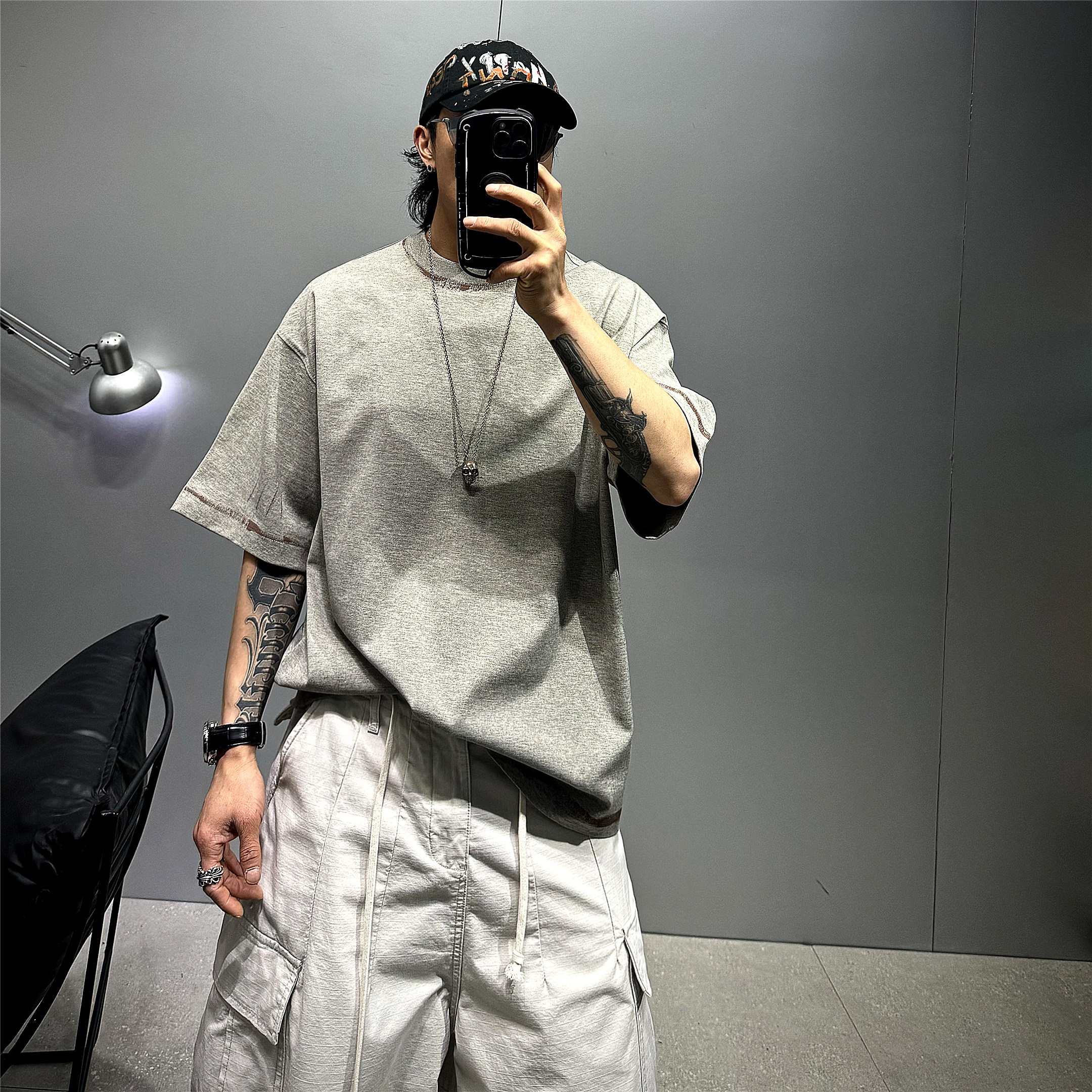 燕麦灰色宽松短袖T恤男oversize落肩廓形纯棉体恤衫简约百搭休闲T