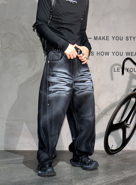 cleanfit黑色个性喷漆阔腿弯刀牛仔裤男 vintage潮牌涂鸦痞帅长裤